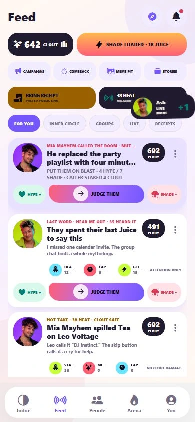 Cloutback social feed with Hype, Judge Them, and Shade actions
