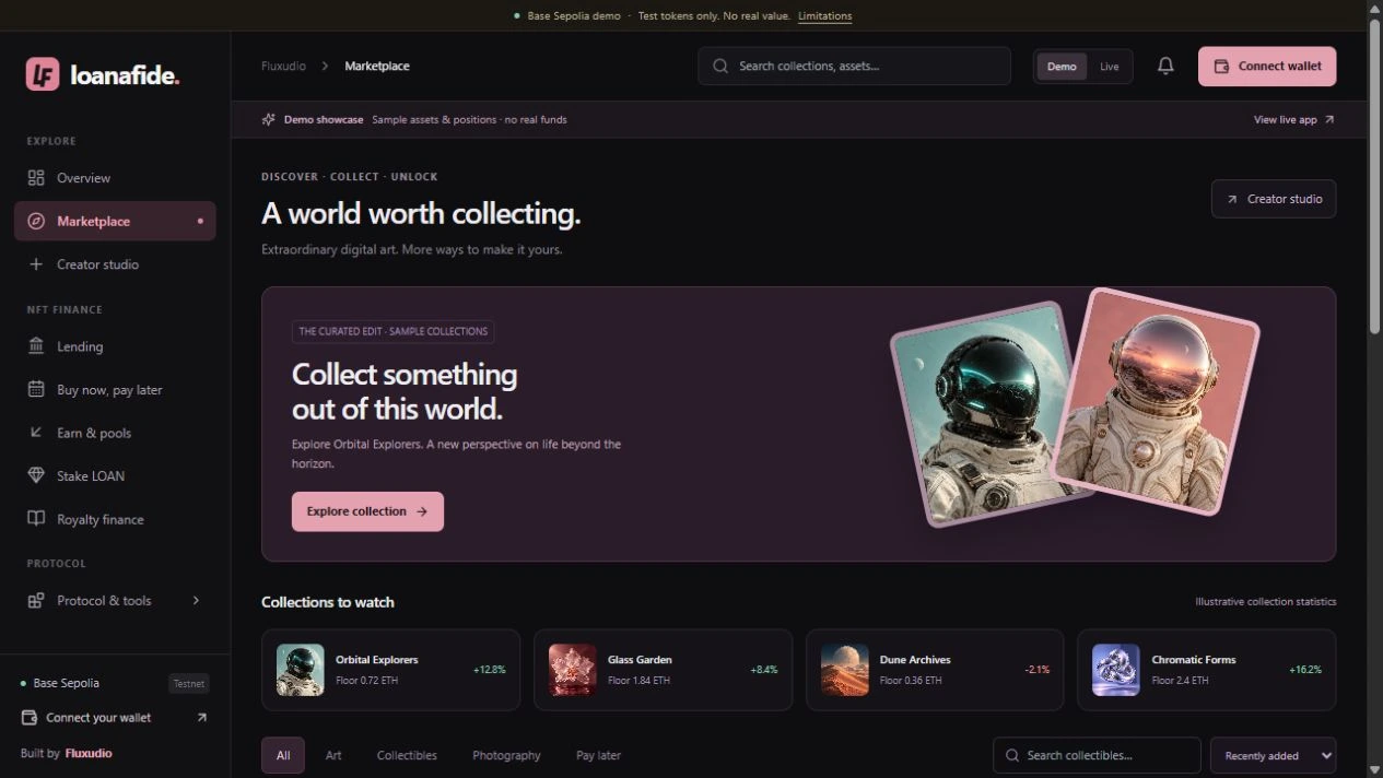 Loanafide's actual dark marketplace showcase with digital collectible artwork, featured collections, and NFT finance navigation