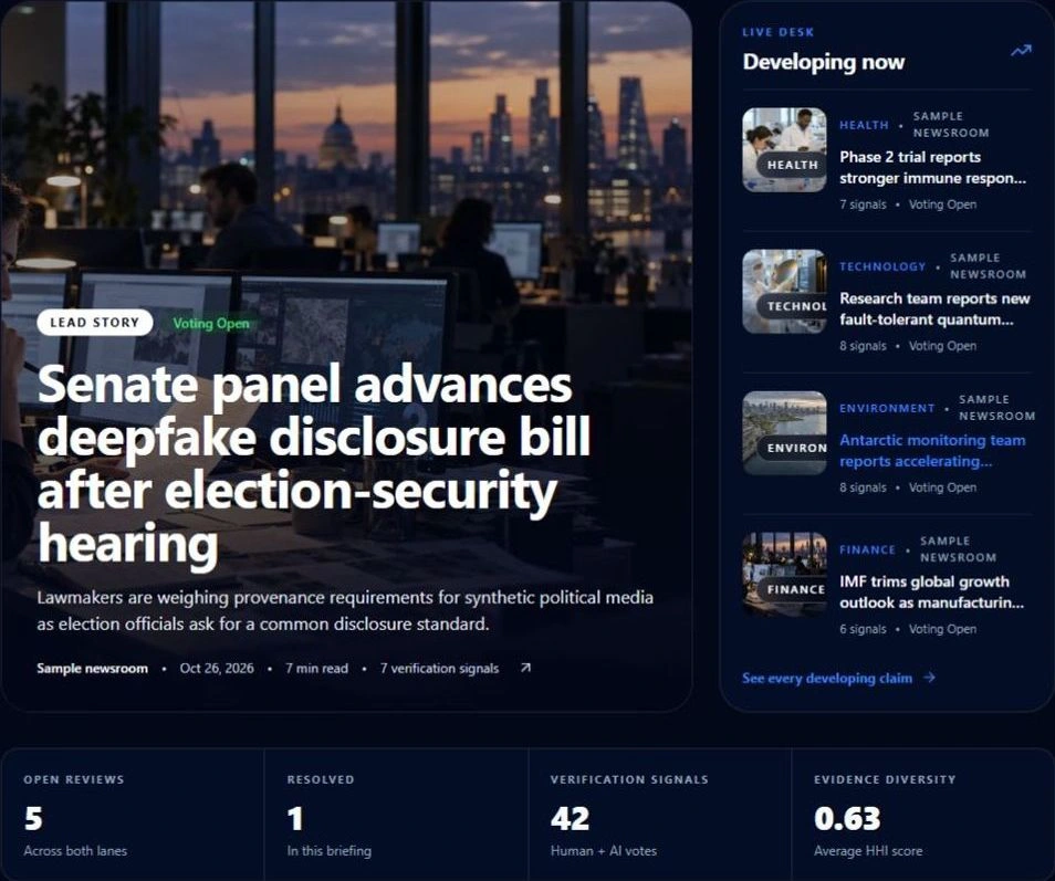 TruthChain newsroom with a lead story, developing reports, and verification activity